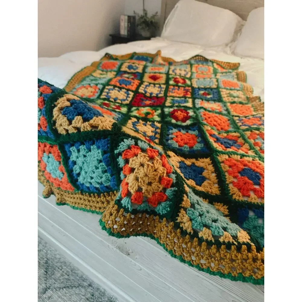 Vintage Handmade Granny Square Crochet Blanket | Wool Blend Lap Throw |